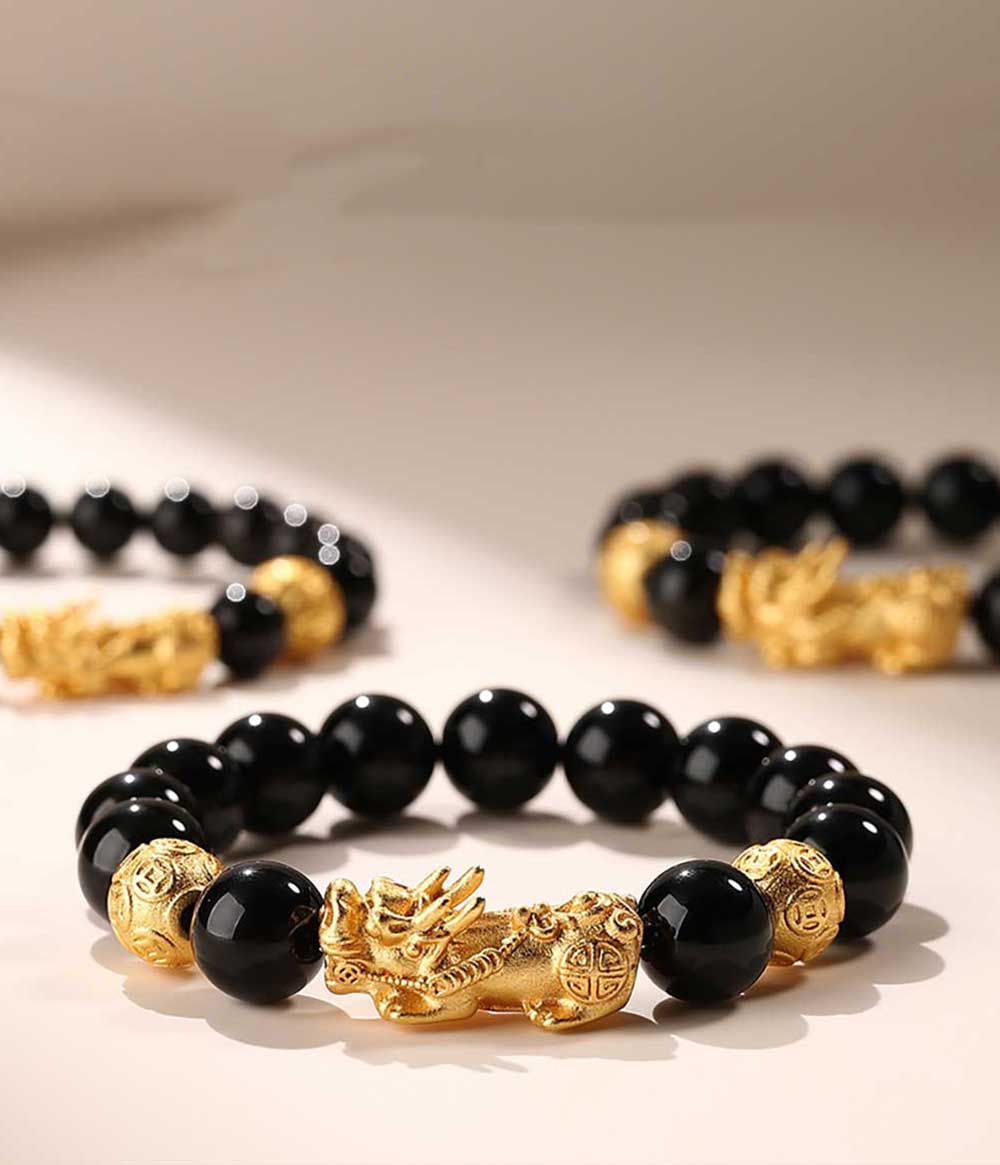 Zen Minds Natural Obsidian 18K Gold-Plated Pixiu Bracelet-1