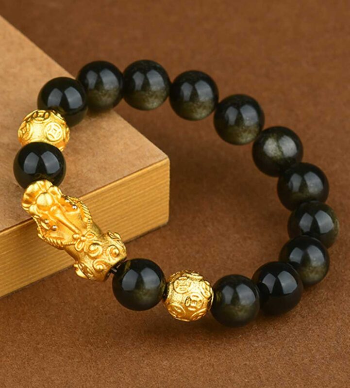 Zen Minds Natural Obsidian 18K Gold-Plated Pixiu Bracelet-2